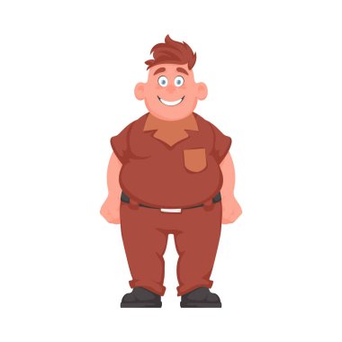 Şişman adam poz veriyor ve gülümsüyor. Kilolu adam hoş, vücut pozitifliği temalı. Çizgi film biçimi