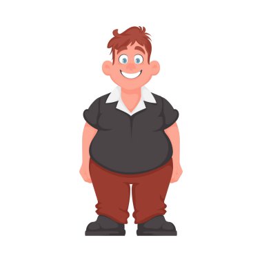 Şişman adam poz veriyor ve gülümsüyor. Kilolu adam hoş, vücut pozitifliği temalı. Çizgi film biçimi