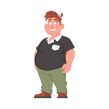 Şişman adam poz veriyor ve gülümsüyor. Kilolu adam hoş, vücut pozitifliği temalı. Çizgi film biçimi