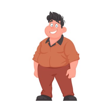 Şişman adam poz veriyor ve gülümsüyor. Kilolu adam hoş, vücut pozitifliği temalı. Çizgi film biçimi