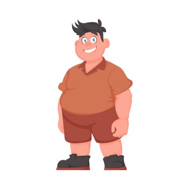 Şişman adam poz veriyor ve gülümsüyor. Kilolu adam hoş, vücut pozitifliği temalı. Çizgi film biçimi