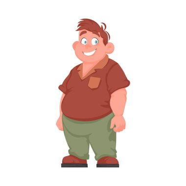 Şişman adam poz veriyor ve gülümsüyor. Kilolu adam hoş, vücut pozitifliği temalı. Çizgi film biçimi