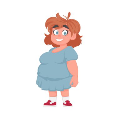 Poz veren ve gülümseyen şişman kadın. Sevimli şişman kız, vücut pozitifliği temalı. Çizgi film biçimi
