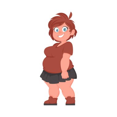 Poz veren ve gülümseyen şişman kadın. Sevimli şişman kız, vücut pozitifliği temalı. Çizgi film biçimi