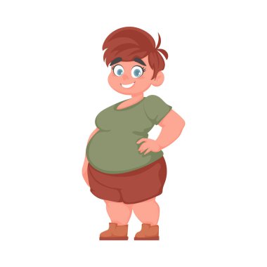 Poz veren ve gülümseyen şişman kadın. Sevimli şişman kız, vücut pozitifliği temalı. Çizgi film biçimi