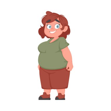 Poz veren ve gülümseyen şişman kadın. Sevimli şişman kız, vücut pozitifliği temalı. Çizgi film biçimi