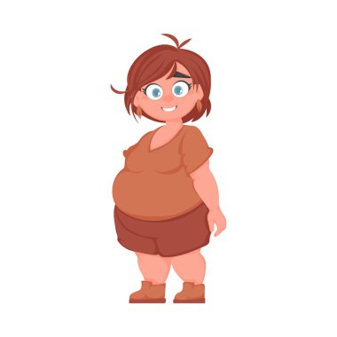 Poz veren ve gülümseyen şişman kadın. Sevimli şişman kız, vücut pozitifliği temalı. Çizgi film biçimi