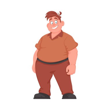 Şişman adam poz veriyor ve gülümsüyor. Kilolu adam hoş, vücut pozitifliği temalı. Çizgi film biçimi