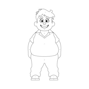 Siyah beyaz çizgi sanatı, şişman adam poz veriyor ve gülümsüyor. Kilolu adam hoş, vücut pozitifliği temalı. Renk biçimi