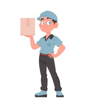 Karikatür Vektör Tarzı Paketli Neşeli Teslimatçı. Mavi Üniformalı Karton Kutulu Gülümseyen Erkek Kurye. Ekspres Teslimat Konsepti.