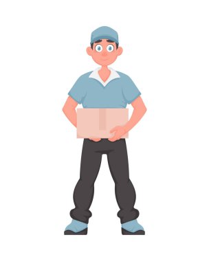 Karikatür Vektör Tarzı Paketli Neşeli Teslimatçı. Mavi Üniformalı Karton Kutulu Gülümseyen Erkek Kurye. Ekspres Teslimat Konsepti.