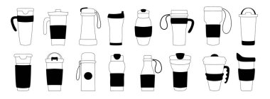 Cups with lids, travel thermal mugs, reusable cups for hot drinks. Various designs of thermoses for takeaway coffee. Set of black icons isolated on white background. clipart