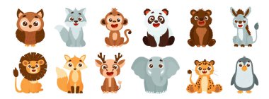 Set of cute wild animals including lion, fox, deer, elephant, tiger, penguin, owl, wolf, monkey, panda, bear and donkey. Vector children's style illustration of forest animals. clipart