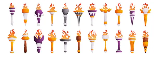 stock vector Set of Medieval torches with burning flames. Antique stone, marble, gold and wooden torches of various shapes with fire. Symbol of the Olympics. Cartoon elements for a computer game, flaming torch.