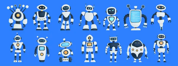 Mavi Arkaplan Şirin Karakter Çizgi Filminde Yalıtılmış Büyük Çağdaş Robotlar Seti Yapay Zeka Düz Vektör Resimleri
