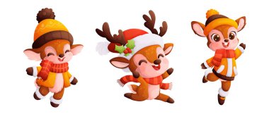 Set of three cute Christmas reindeer. Little happy deer in winter clothes, a warm hat and scarf. Dynamic poses, colorful detailed Cartoon style vector. clipart