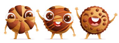 Geleneksel kurabiyeler şeklinde üç sevimli karakter. Çikolata parçacıklı kurabiyeler. Dinamik pozlar, renkli detaylı çizgi film biçimi vektörü.