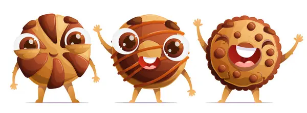 stock vector A set of three cute characters in the form of traditional cookies. Little happy shortbread cookies with chocolate chips. Dynamic poses, colorful detailed Cartoon style vector.