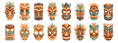 On altı tane tahta tiki maskesi. Çizgi filmlerdeki tiki totem maskeleri, Afrikalı ya da Hawaii idolleri. Etnik kabile ritüeli maskeleri..