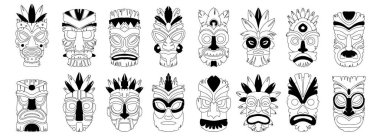 On altı tiki maskesi. Siyah ve beyaz lineer stil törensel tiki totem maskeleri, Afrikalı ya da Hawaii idolleri. Etnik kabile ritüeli maskeleri..