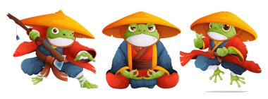 A set of three toads in the form of kung fu masters in a red and blue kimono and a yellow straw hat. A frog monk in a lotus position meditates, a green toad in a dynamic kung fu pose. clipart