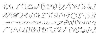 Elle çizilmiş farklı kavisli çizgiler, girdaplı oklar. Keçeli kalem çizimi, kara tebeşir lekeleri. Kömür okları vektör simgeleri ayarlandı. Yönlendirme noktaları karalamalar.