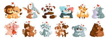 Sevimli, sevgi dolu, sevgi dolu hayvanlar. Aslanlar, tavşanlar, pandalar, su aygırları, tilkiler, penguenler, domuzcuklar, kediler, köpekler, rakunlar, koalalar ve ayılar. Çizgi film tarzında aşık hayvanlar.
