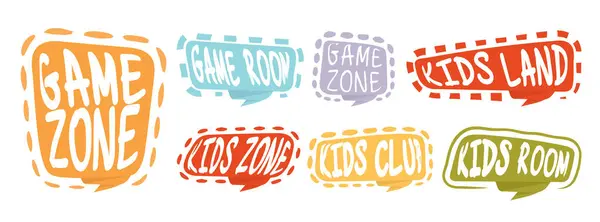 stock vector Game room party labels, children education and entertainment club elements. Baby playing zone vector illustration set. Kids entertainment badges. Playroom area, child and kids zone for game