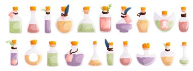 Set of twenty Magic bottles for witchcraft. Game potion. Cartoon elixir for strength mana and stamina, love potion poison and antidote in magic phials. Cartoon style clipart