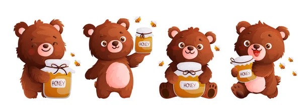 Набор Четырех Медведей Держащих Банку Меда Лапах Милый Медведь Дружелюбные Лицензионные Стоковые Векторы