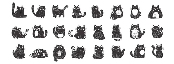 Большой Набор Черных Кошек Стиле Линогравюры Милые Смешные Пушистые Кошки Лицензионные Стоковые Векторы