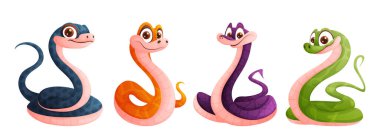 A set of four cute snakes in green, yellow, blue and purple. Funny snake posing. Symbol of the year. clipart