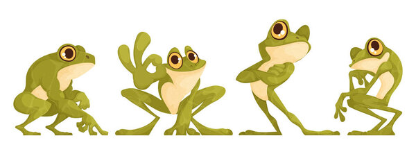 Set of four funny toads in different poses. Green toad of interesting cartoon shape, posing.