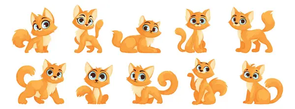 Набор Десяти Милых Оранжевых Котят Голубыми Глазами Разных Позах Маленький Векторная Графика