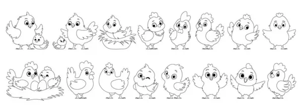 Grote Kippenfamilie Lineart Gele Kippen Kippen Broeden Eieren Moeder Kip Rechtenvrije Stockvectors
