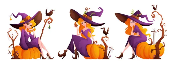 Conjunto Brujas Halloween Una Bruja Con Aspecto Lindo Cabello Naranja Ilustración De Stock