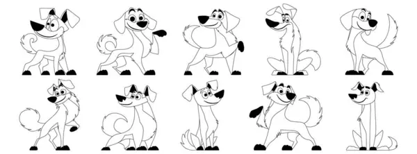 Милые Собаки Векторный Набор Черный Линейный Стиль Собаки Щенки Персонажи Стоковая Иллюстрация