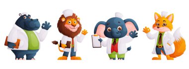 Animal doctors cartoon. Nice characters in medical uniform showing that everything is OK. Lion, Hippopotamus, elephant, fox in the form of a doctor. clipart