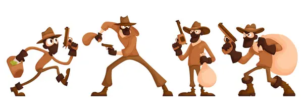 Thieves Cartoon Characters Set Robber Mask Gun Holding Bag Sack — Stock Vector