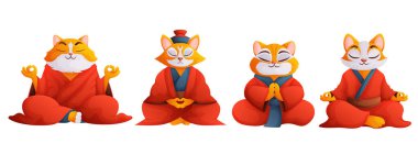 Meditasyon yapan kediler. Beyaz tüylü turuncu bir kedi, kırmızı bir Çin bornozu giyiyor, bir nilüfer çiçeğinin içinde oturuyor. Rahatlama, yoga, meditasyon kavramı.