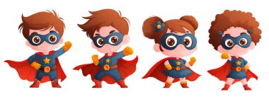 Pelerinli süper kahramanlar giymiş sevimli çocuklar. Maskeli ve kırmızı pelerinli kızlar. Çocuk kitapları için mükemmel bir örnek.