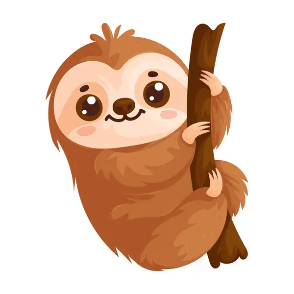 stock vector Cute cartoon sloth hanging on tree branch