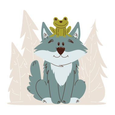 Cute illustration of a smiling wolf with a frog sitting on its head, set against a simple forest background in a playful style. clipart