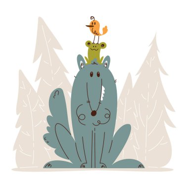 Playful illustration of a cute wolf with a frog and bird balanced on its head, set in a simple forest background. clipart