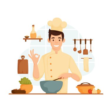 Mutfakta yemek hazırlayan neşeli bir aşçının tasviri. Kasede malzemeleri karıştırırken iyi bir el hareketi yapıyor. Gülümseyen aşçı el hareketleriyle yemek yapıyor.