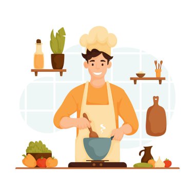 Mutfak aletleri, sebzeler ve yemek malzemeleriyle çevrili bir tencerede yemek karıştıran mutlu bir aşçının resmi. Gülümseyen şef mutfakta yemek karıştırıyor.