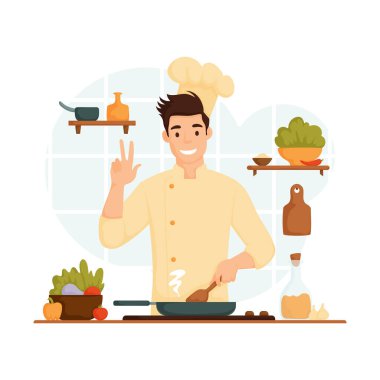 Illustration of a happy male chef in the kitchen cooking in a pan while giving a peace sign, surrounded by ingredients and kitchen tools. Smiling chef cooking with peace sign clipart