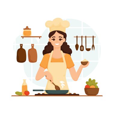 Mutfakta yemek karıştıran ve elinde taze malzemelerle çevrili bir kase baharat tutan mutlu bir kadın aşçının tasviri. Gülümseyen kadın şef yemek pişiriyor ve baharat ekliyor.