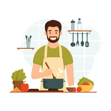 Mutfakta yemek pişiren neşeli bir erkek aşçının canlandırması, fırında taze sebzeler ve mutfak gereçleri ile karıştırması. Gülümseyen erkek aşçı mutfakta esrar karıştırıyor.