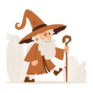 Cartoon Wizard Walking with Staff Illustration. Whimsical cartoon illustration of a friendly wizard with a long beard and hat, walking with a staff against a simple background. clipart